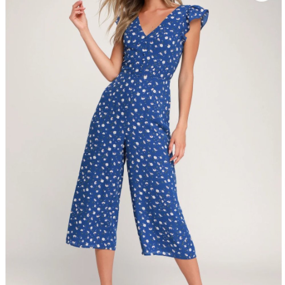 Small - Lulus Floreal Love Blue Floral Print Ruffled Culotte Jumpsuit